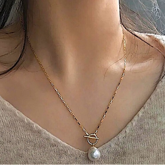 Gold Filled Pearl Drop Necklace, Toggle, 18K Gold Filled, Gift For Mom - Picture 3 of 10